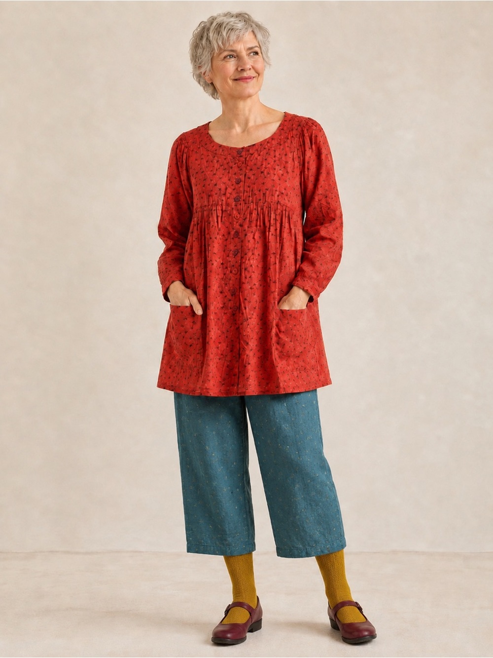 Gudrun Sjoden XL Red Botanical Cotton Button Front Tunic Top Pockets